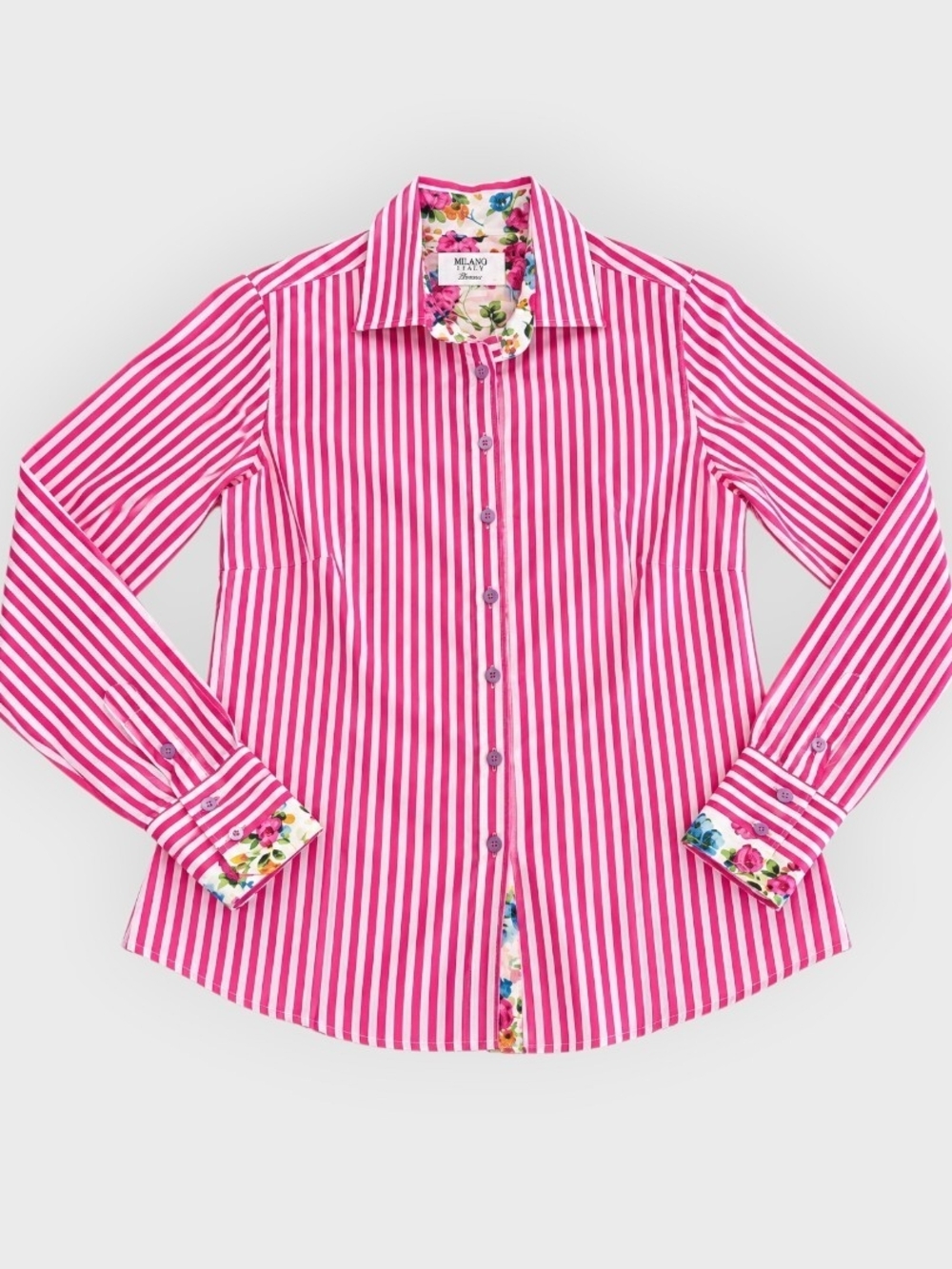 Milano Italy Donna Pink & White Striped Floral Cotton Blouse M
